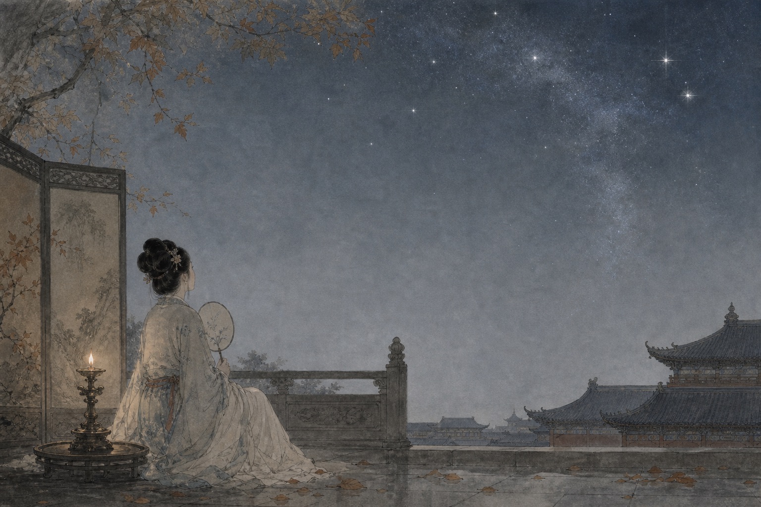 《秋夕》水墨写意插图：银烛秋光冷画屏，宫夜寂寂，流萤与星河照见孤清。