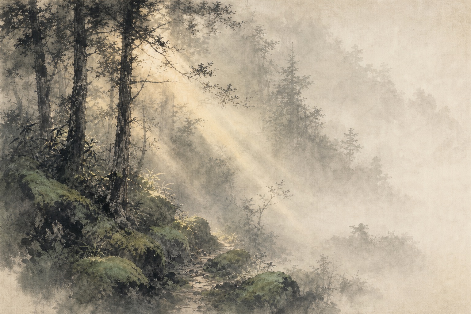 《鹿柴》水墨写意插图：空山不见人，返照入深林，青苔在幽静处微微发亮。