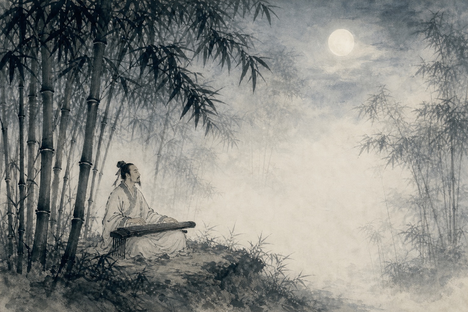 《竹里馆》水墨写意插图：竹林深处，琴声与月色相应；幽人独坐，清光自来。