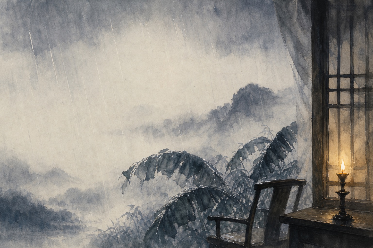 《夜雨寄北》水墨写意插图：巴山夜雨涨秋池，西窗烛影独明，归期在雨声中一再被想起。