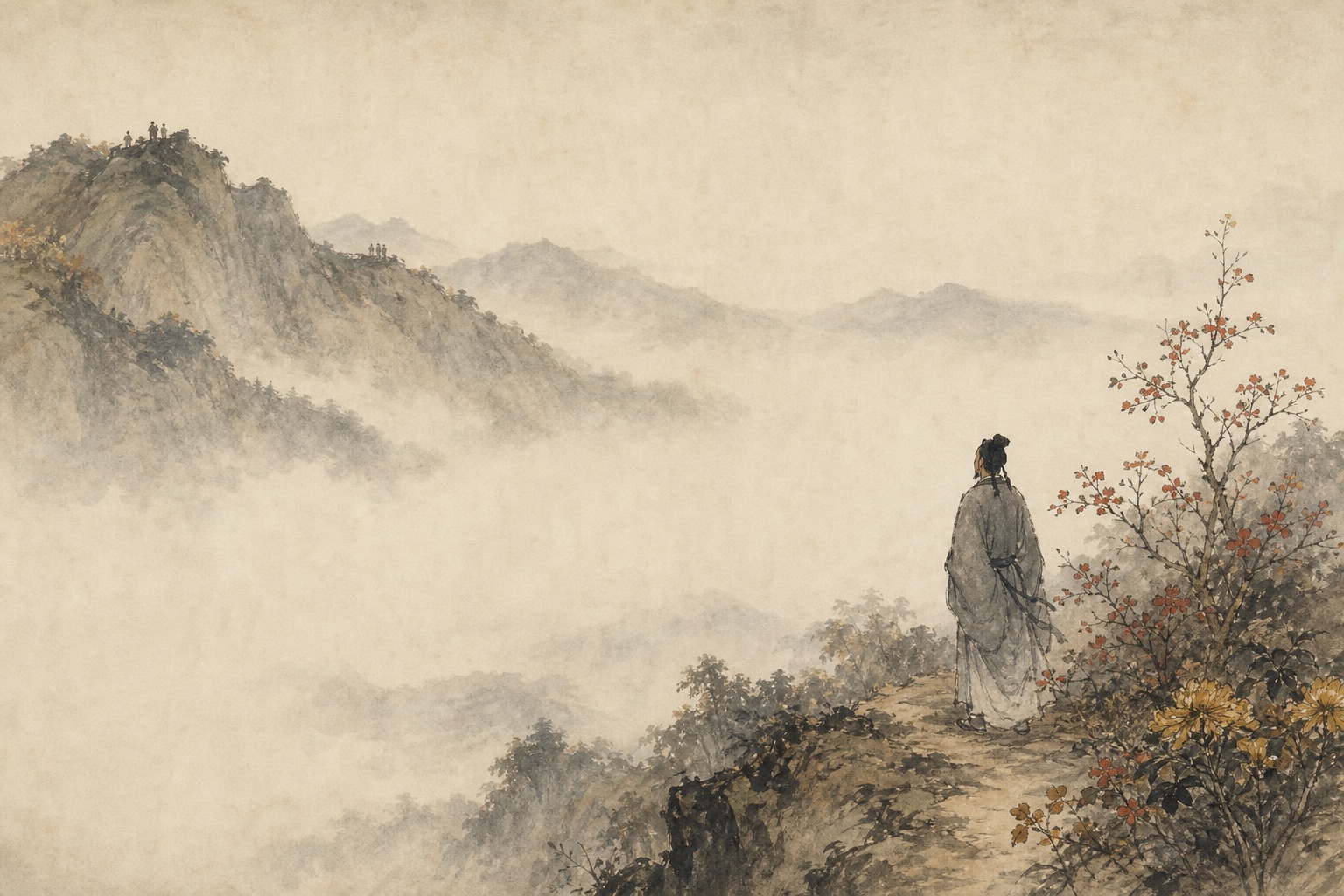 《九月九日忆山东兄弟》水墨写意插图：重阳登高，茱萸在秋风里微红，异乡人遥想故园兄弟。