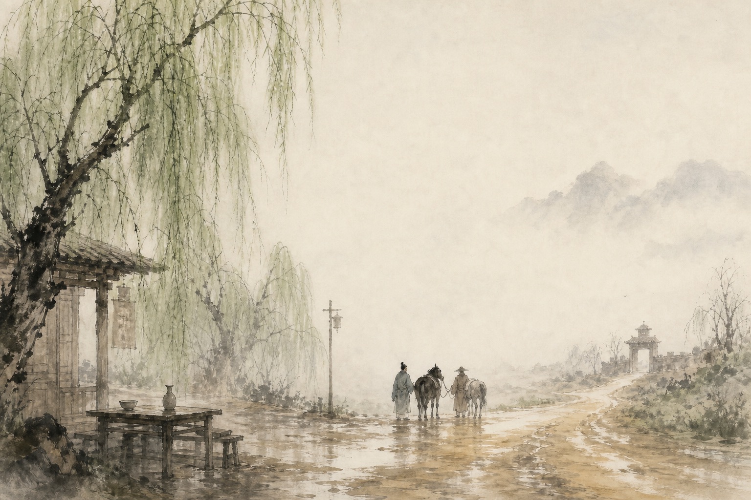 《送元二使安西》水墨写意插图：渭城朝雨洗出青青柳色，一杯酒后，西出阳关便是故人稀。