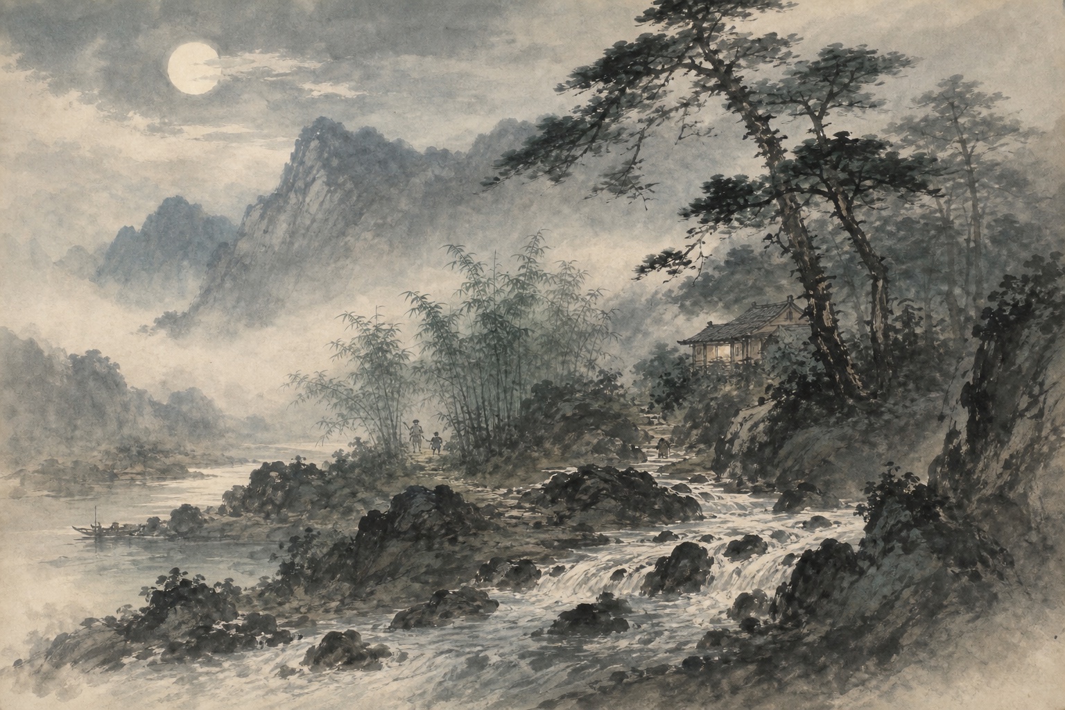 《山居秋暝》水墨写意插图：新雨空山，明月松间，清泉石上。