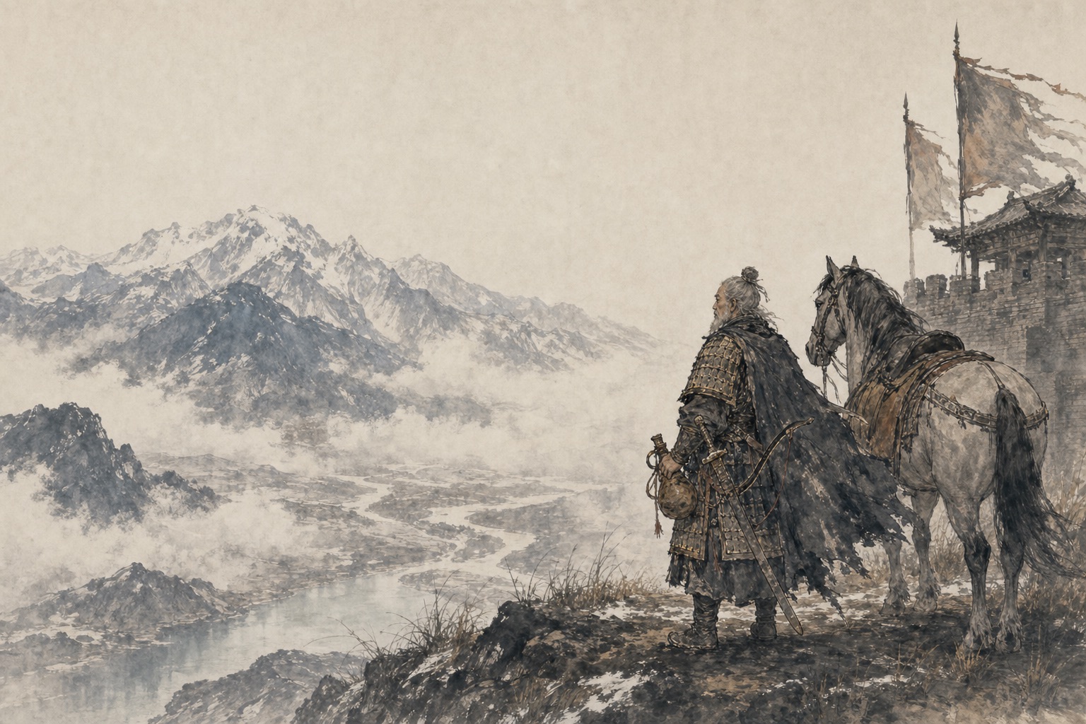 《老将行》水墨写意插图：老将倚马持剑，寒山河云在后，昔日边功化为沉默风霜。
