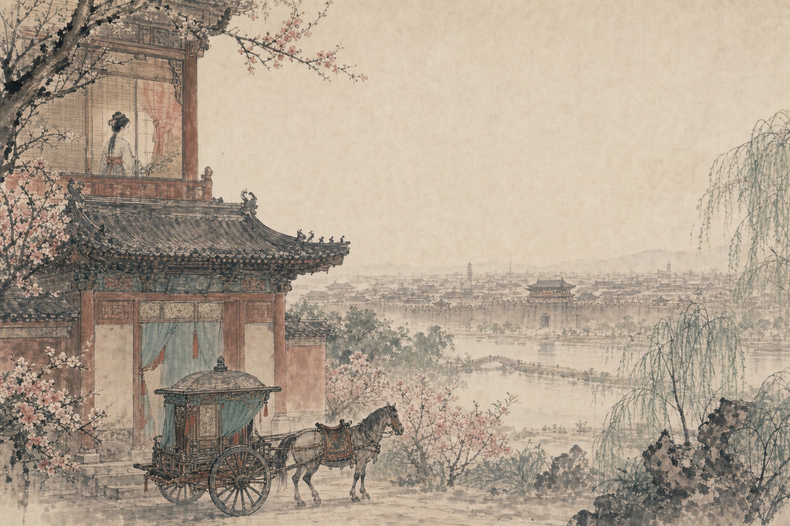 《洛阳女儿行》水墨写意插图：洛阳华宅、车马与桃柳成春，繁丽之中带着一缕青春怅望。