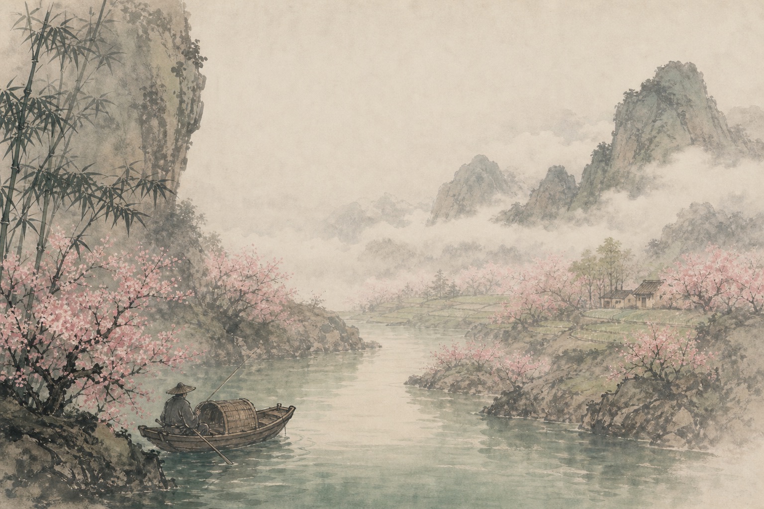 《桃源行》水墨写意插图：渔舟误入桃花源，青溪转入云树深处，远村田畴若隐若现。