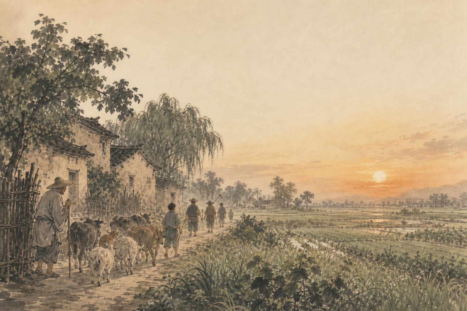 《渭川田家》水墨写意插图：斜阳照着渭川村落，牛羊归巷，野老倚杖候门，田家晚景自有安闲。