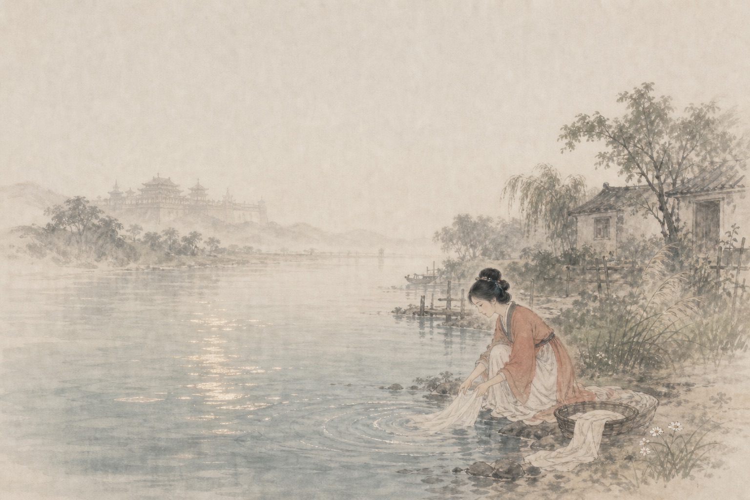 《西施咏》水墨写意插图：溪边浣纱与远处宫影相映，西施一身清丽，被历史烟波轻轻笼住。