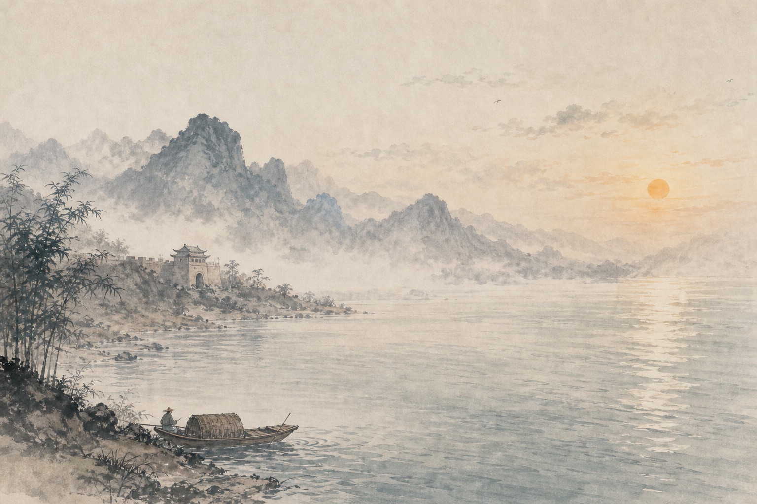《汉江临泛》水墨写意插图：汉江水阔连天，楚山开合，孤舟在风日波澜里临流远望。