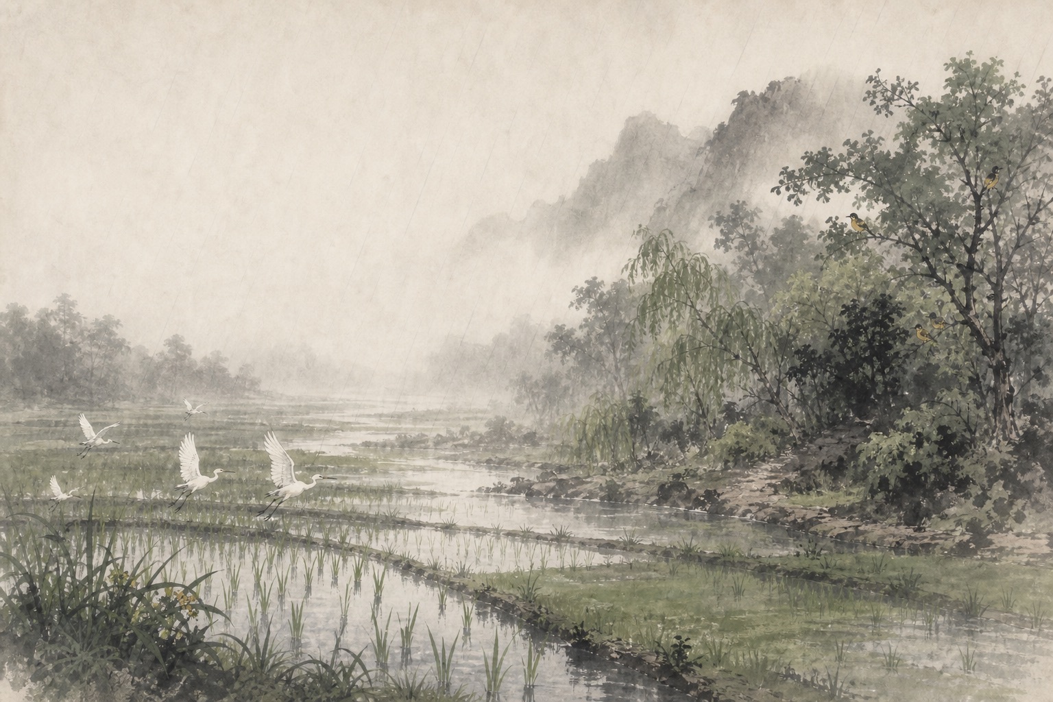 《积雨辋川庄作》水墨写意插图：积雨初歇，辋川水田白鹭飞起，夏木深处传来黄鹂清音。
