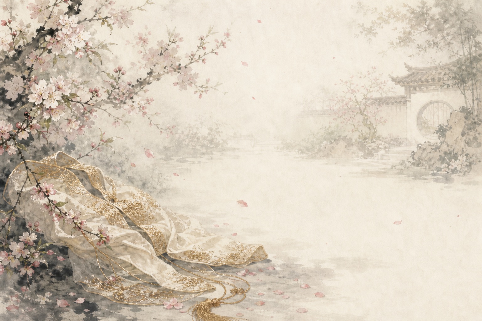 《金缕衣》水墨写意插图：春花正盛，金缕衣轻放一旁；花开堪折，青春不可空待。