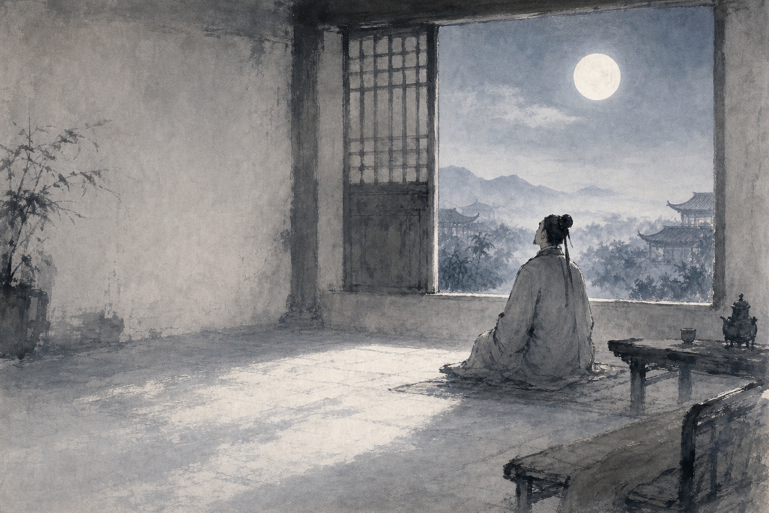 《静夜思》水墨写意插图：月光入室，地白如霜，游子临窗。