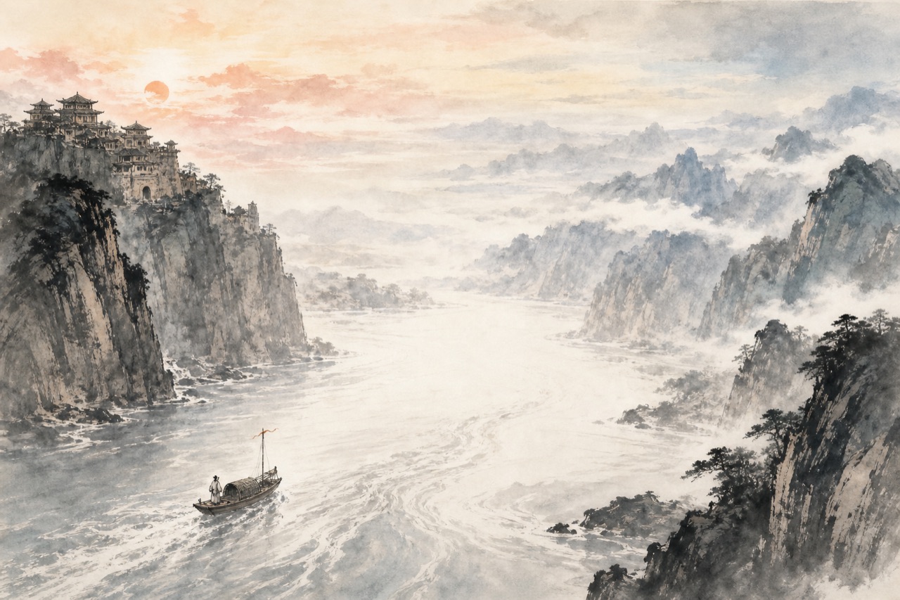 《早发白帝城》水墨写意插图：白帝城晨云，轻舟穿峡，江山万重。
