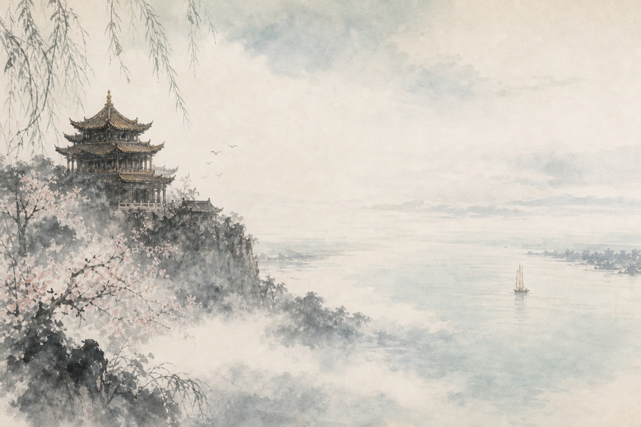 《黄鹤楼送孟浩然之广陵》水墨写意插图：黄鹤楼春雾，孤帆远去，长江接天。