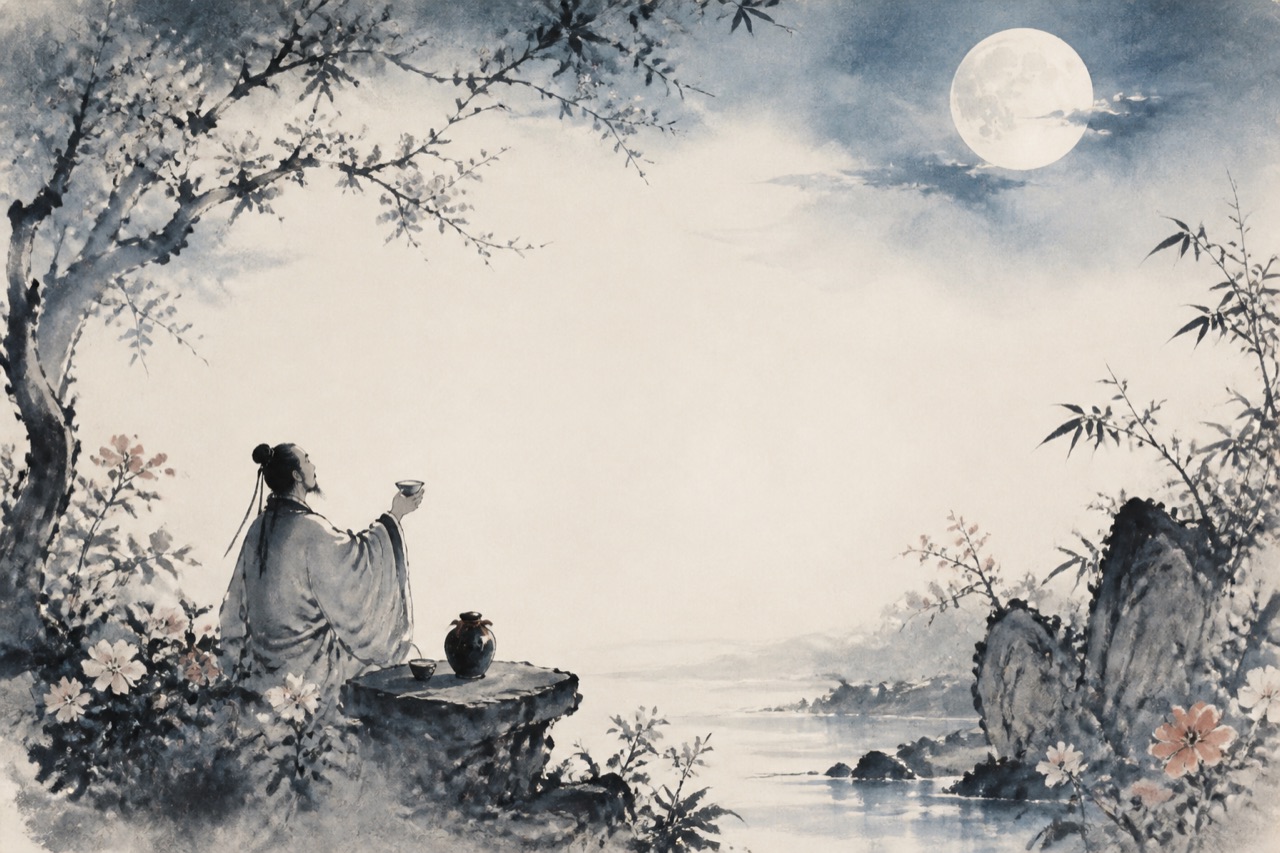 《月下独酌》水墨写意插图：花间独酌，举杯邀月，月影相伴。