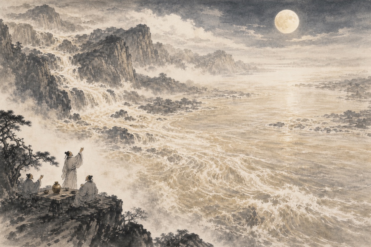 《将进酒》水墨写意插图：黄河奔流，月下酒席，豪兴与流光同在。