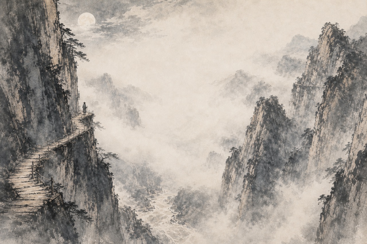 《蜀道难》水墨写意插图：峭壁云栈，危峰入雾，行人渺小。