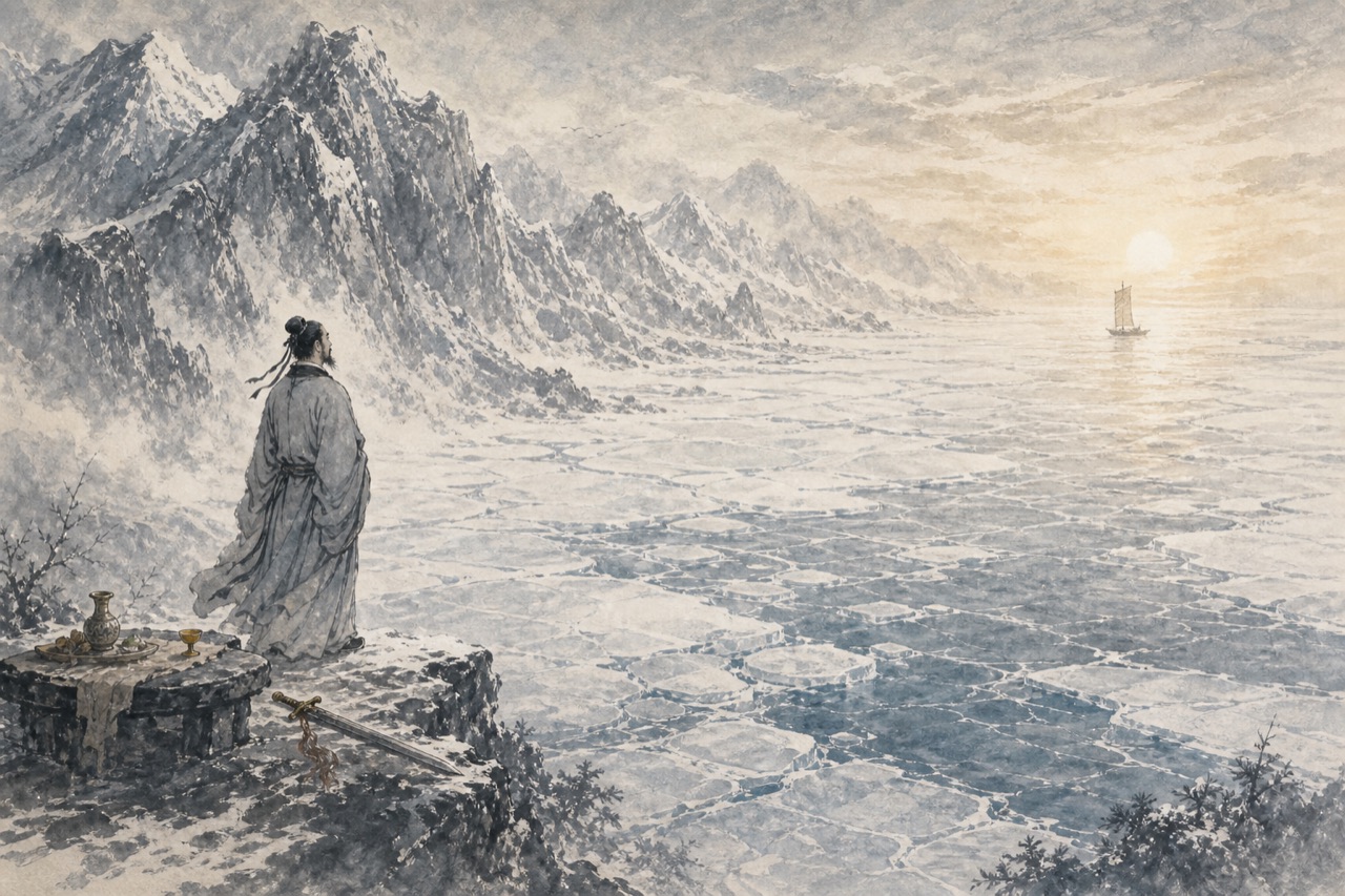 《行路难三首（其一）》水墨写意插图：冰塞黄河，雪满太行，杯剑在侧。