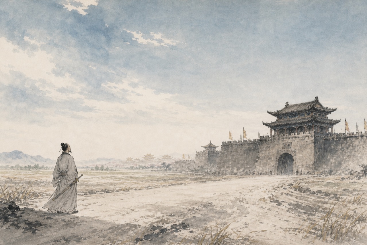 《行路难三首（其二）》水墨写意插图：长安城门外，大道空阔，孤身弹剑。