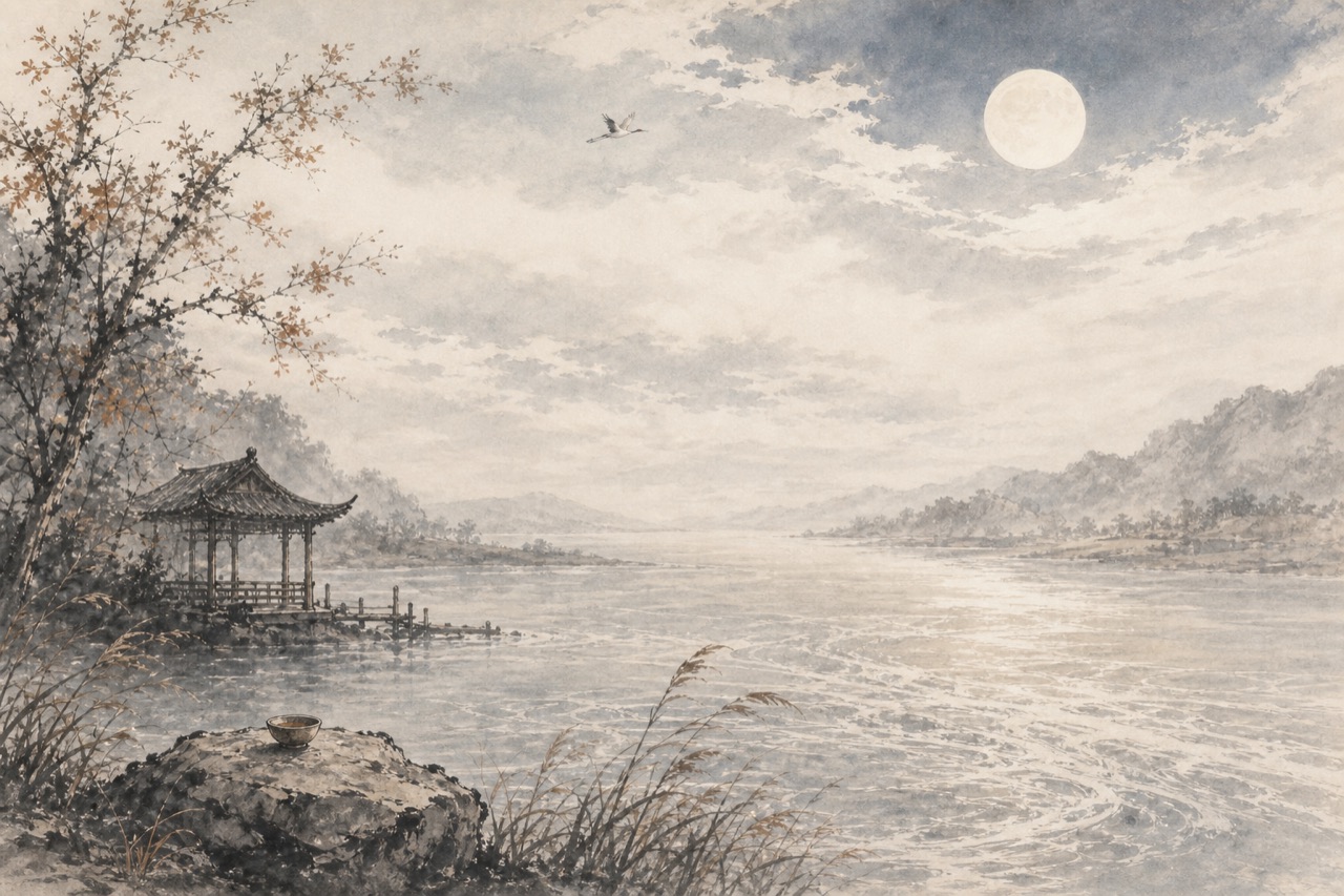 《行路难三首（其三）》水墨写意插图：秋江云月，小亭酒杯，远鹤凌空。