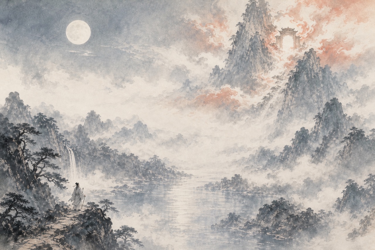 《梦游天姥吟留别》水墨写意插图：镜湖月色，天姥云门，梦中山路。