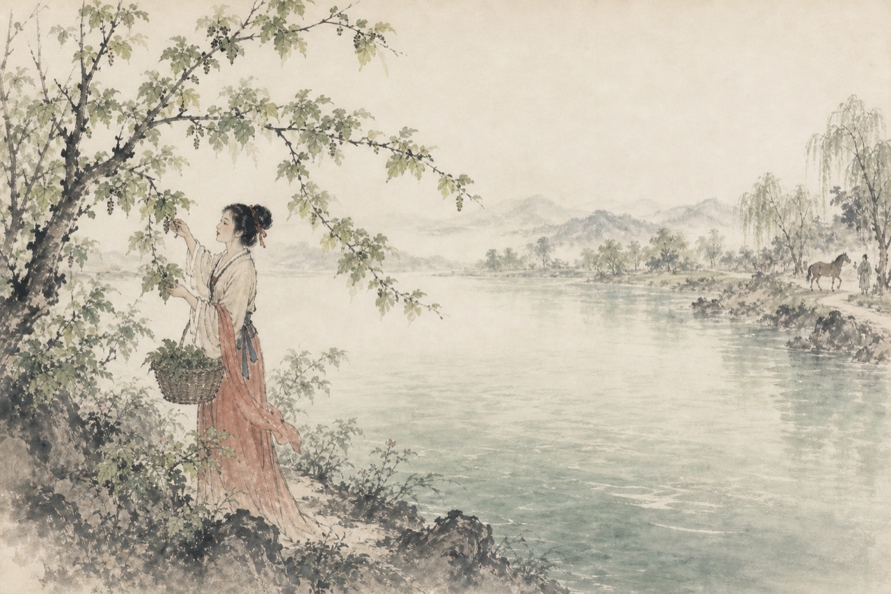 《子夜吴歌·春歌》水墨写意插图：绿水采桑，春日罗敷，马路远去。