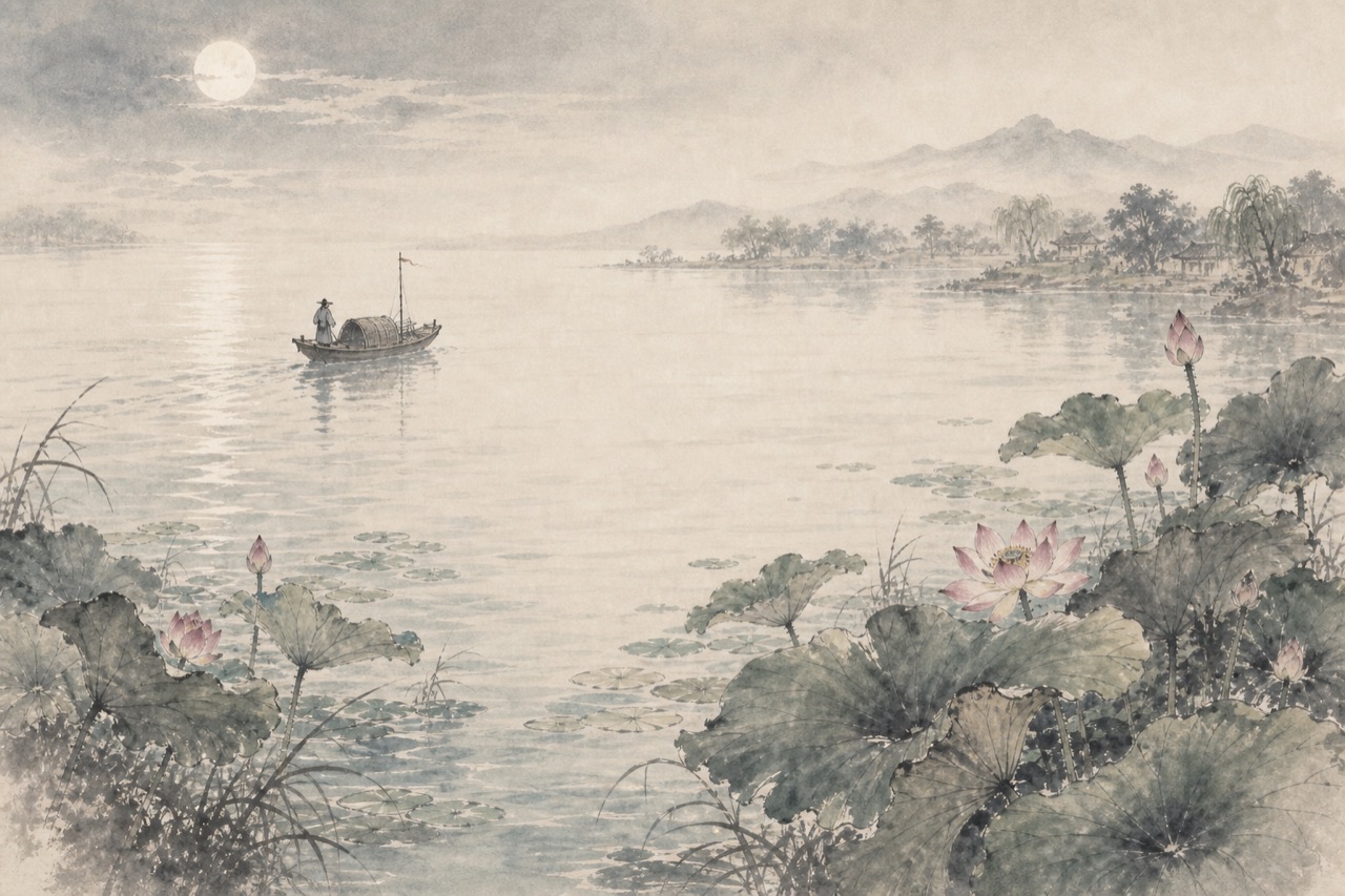 《子夜吴歌·夏歌》水墨写意插图：镜湖荷花，小舟归去，夏月初升。