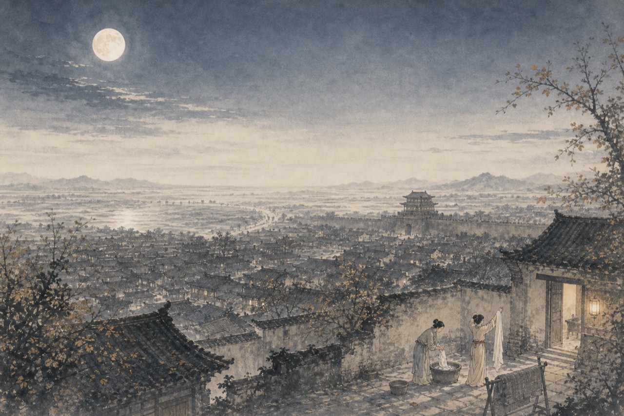《子夜吴歌·秋歌》水墨写意插图：长安秋月，万户屋脊，捣衣声远。