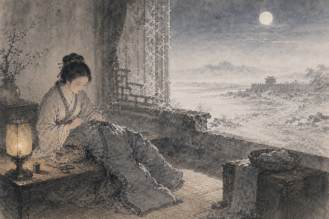 《子夜吴歌·冬歌》水墨写意插图：寒夜裁衣，灯下针线，驿路入霜。
