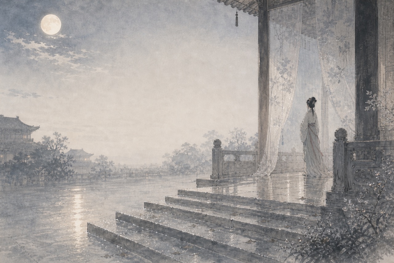 《玉阶怨》水墨写意插图：玉阶白露，水晶帘下，秋月清寒。