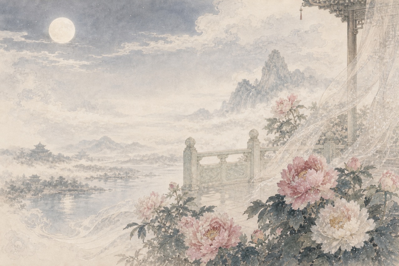《清平调词三首（其一）》水墨写意插图：牡丹含露，云衣春风，月下瑶台。