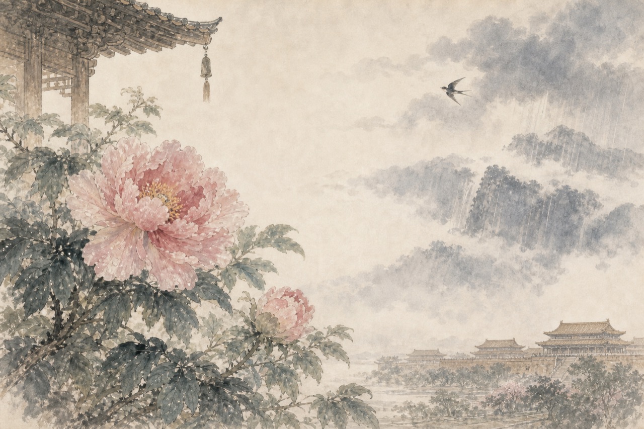 《清平调词三首（其二）》水墨写意插图：露凝牡丹，巫山云雨，宫苑春深。