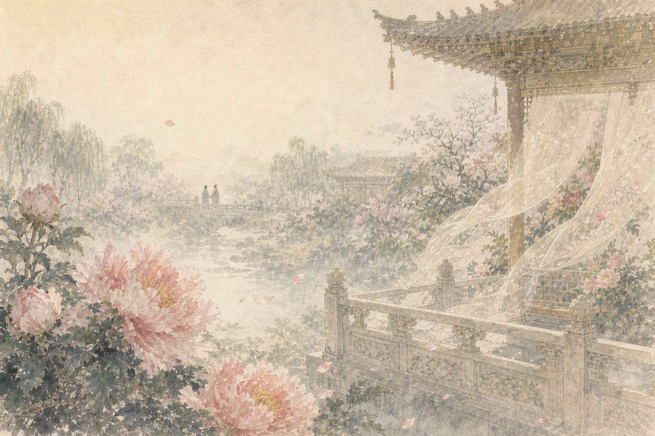 《清平调词三首（其三）》水墨写意插图：沉香亭畔，名花倚栏，春风吹动。