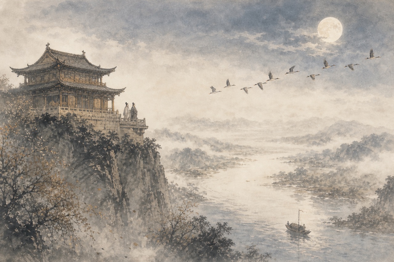 《宣州谢朓楼饯别校书叔云》水墨写意插图：高楼秋雁，明月江水，扁舟待发。
