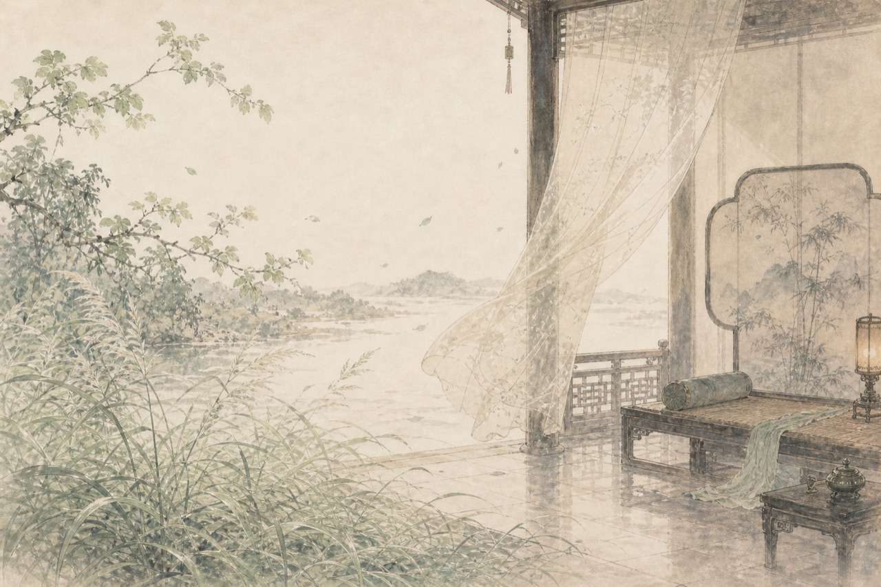 《春思》水墨写意插图：春风入帷，燕草秦桑，闺阁含愁。