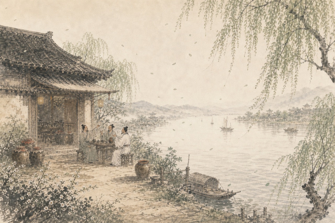 《金陵酒肆留别》水墨写意插图：柳花满店，金陵酒肆，东流水送别。