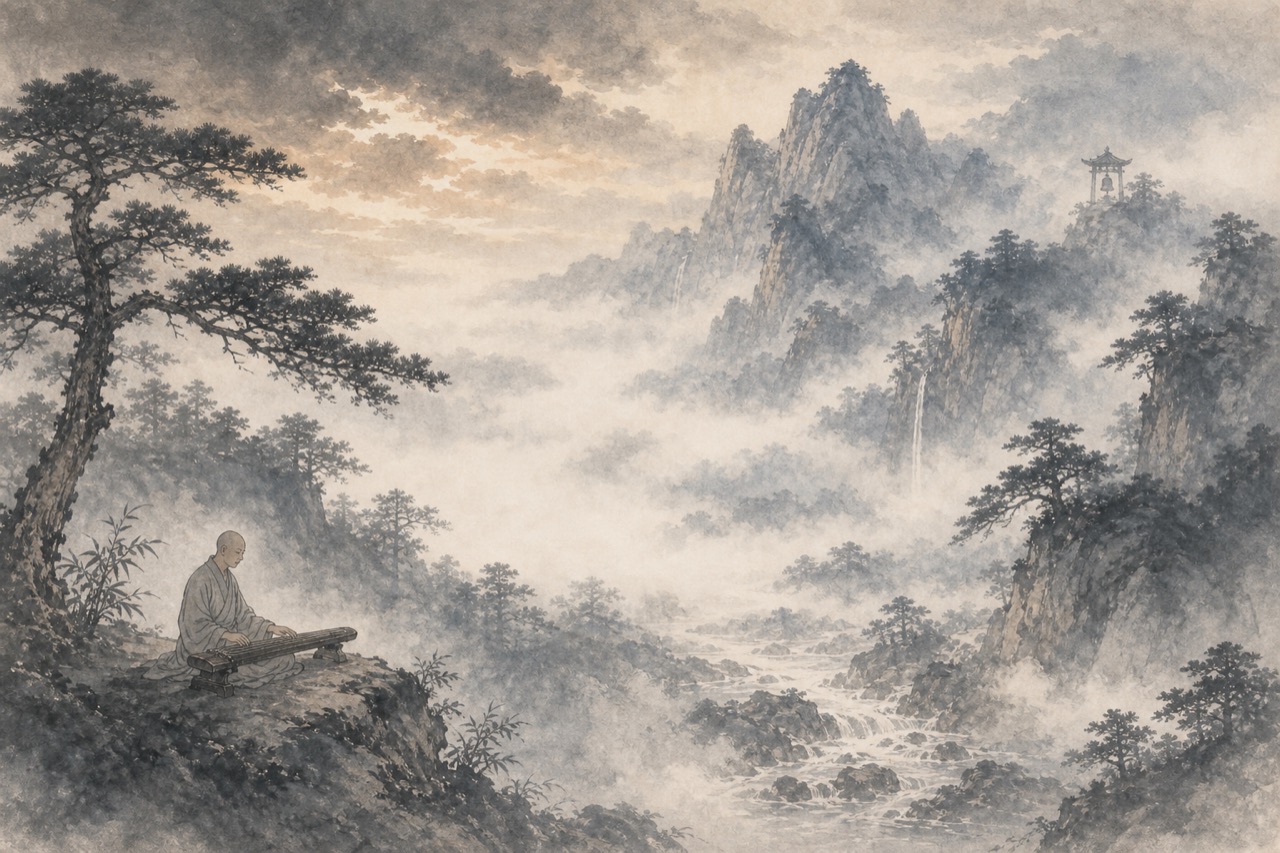 《听蜀僧濬弹琴》水墨写意插图：蜀僧抱琴，松壑流水，暮云入山。