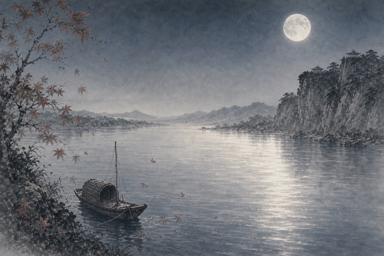 《夜泊牛渚怀古》水墨写意插图：西江夜泊，秋月照舟，枫叶零落。