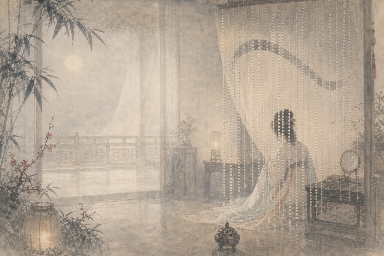 《怨情》水墨写意插图：珠帘半卷，深坐含愁，泪痕微湿。
