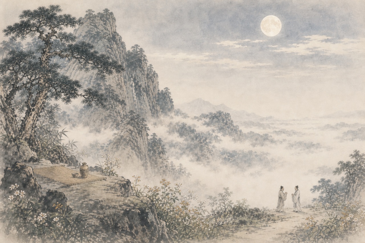《赠孟浩然》水墨写意插图：高山松云，醉月迷花，二贤相揖。