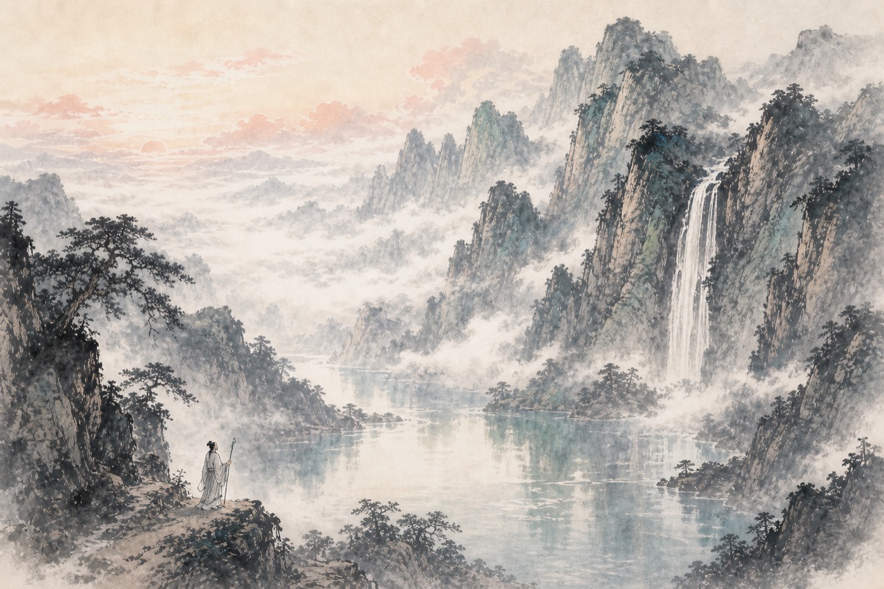 《庐山谣寄卢侍御虚舟》水墨写意插图：庐山九叠，银河瀑布，明湖映翠。