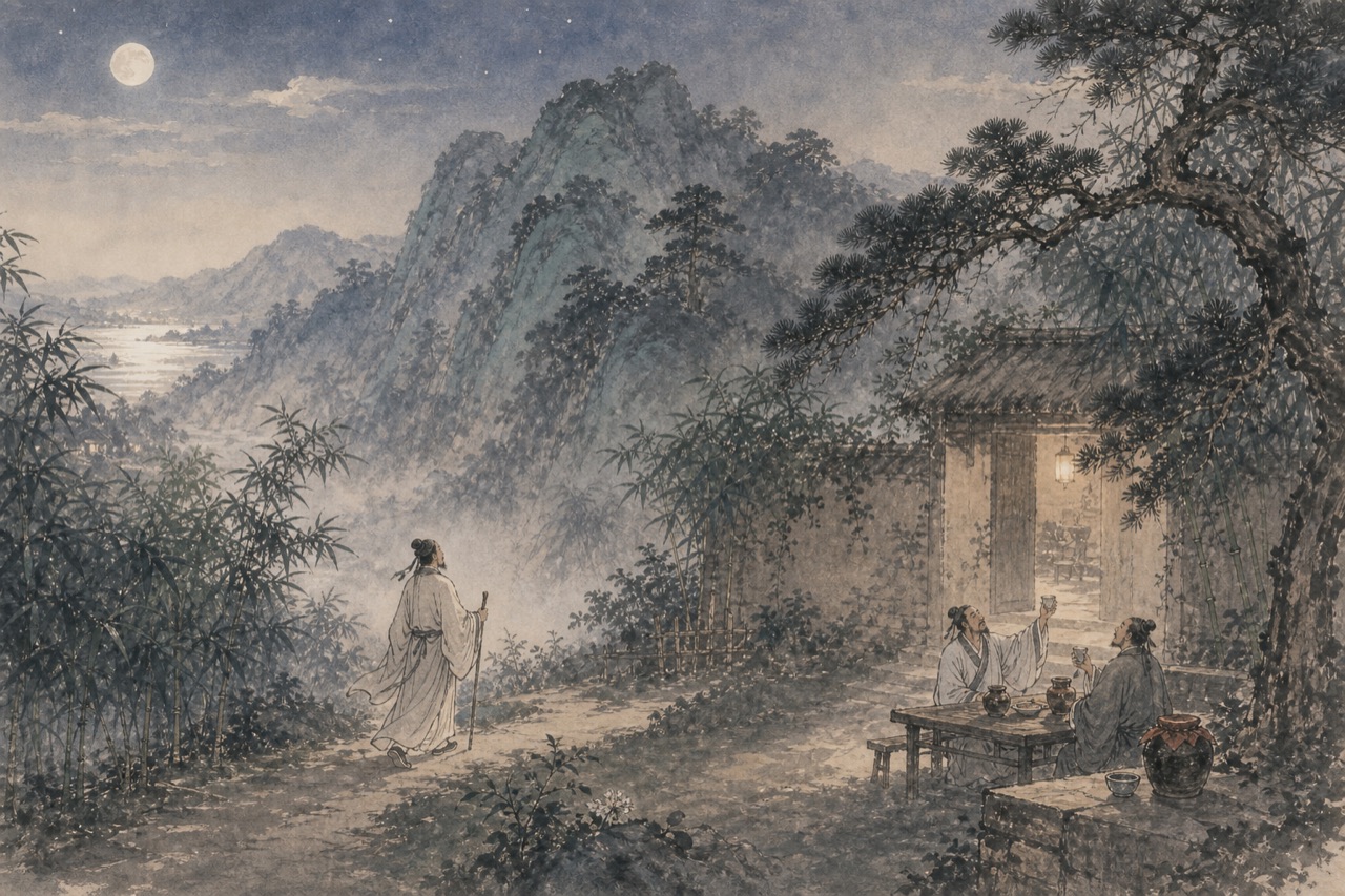 《下终南山过斛斯山人宿置酒》水墨写意插图：山月随归，竹径田家，松风酒意。