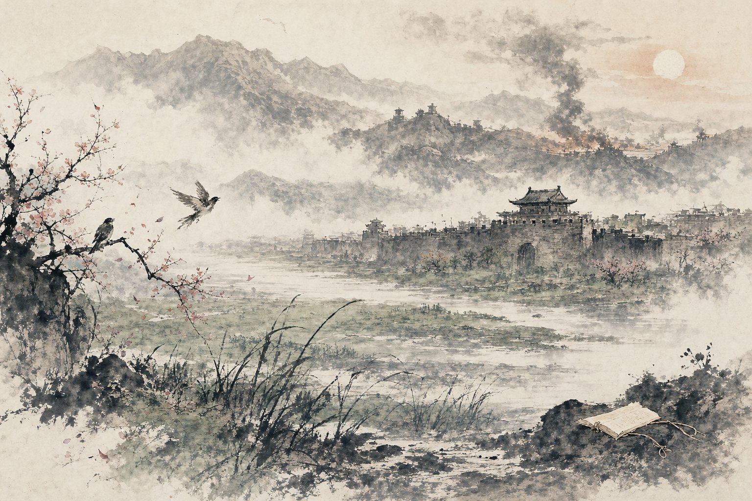 《春望》水墨写意插图