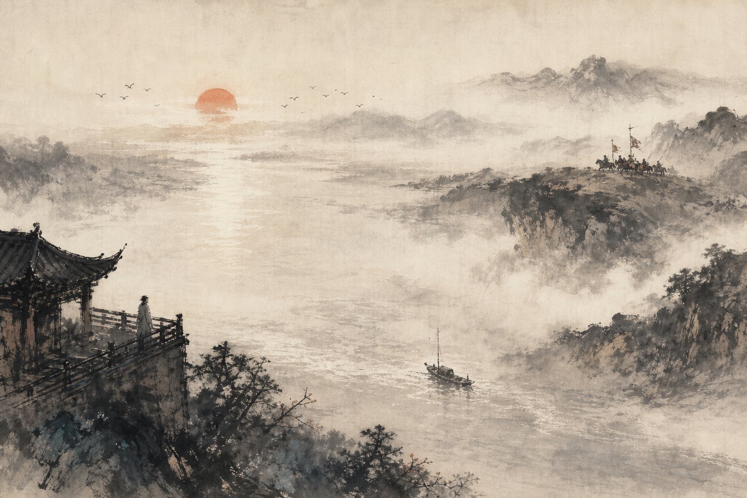 《登岳阳楼》水墨写意插图