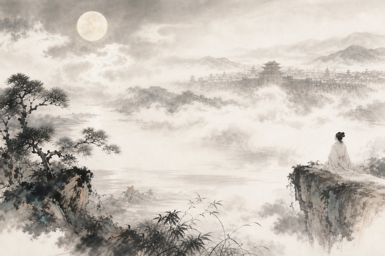 《月夜》水墨写意插图