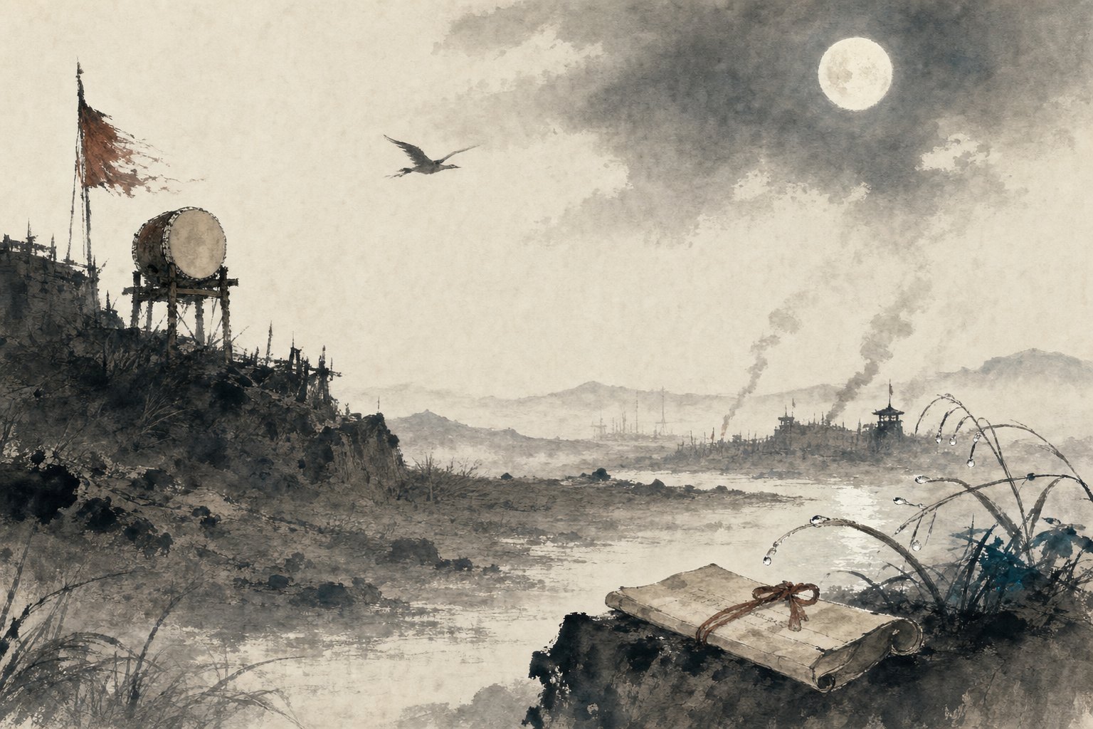 《月夜忆舍弟》水墨写意插图