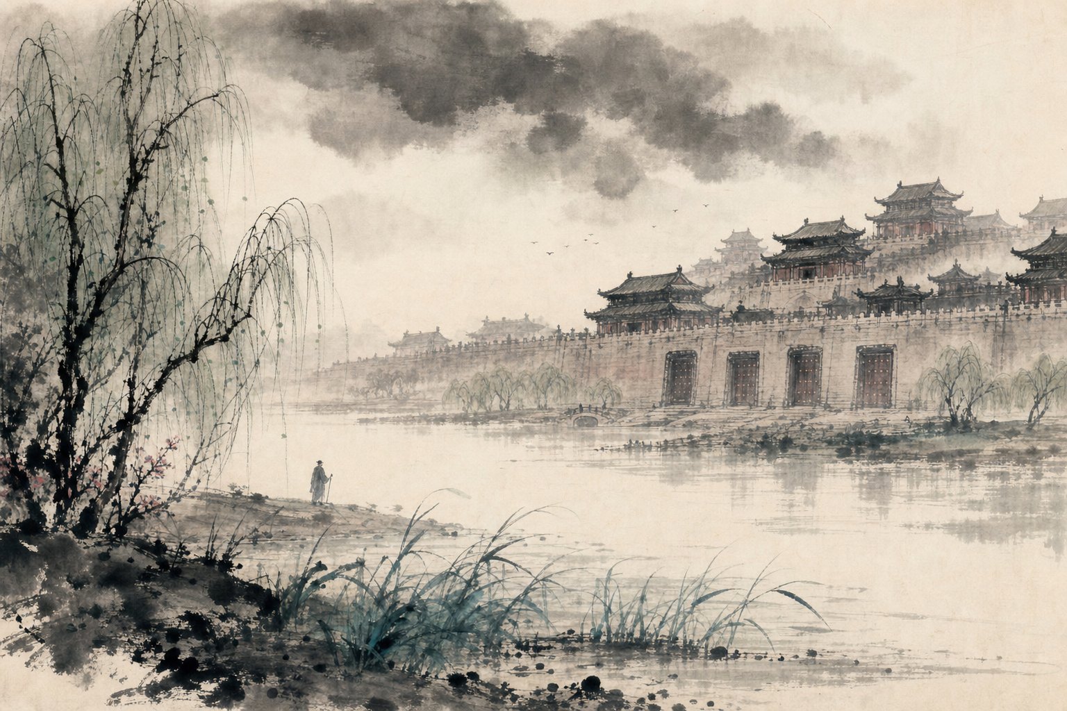 《哀江头》水墨写意插图