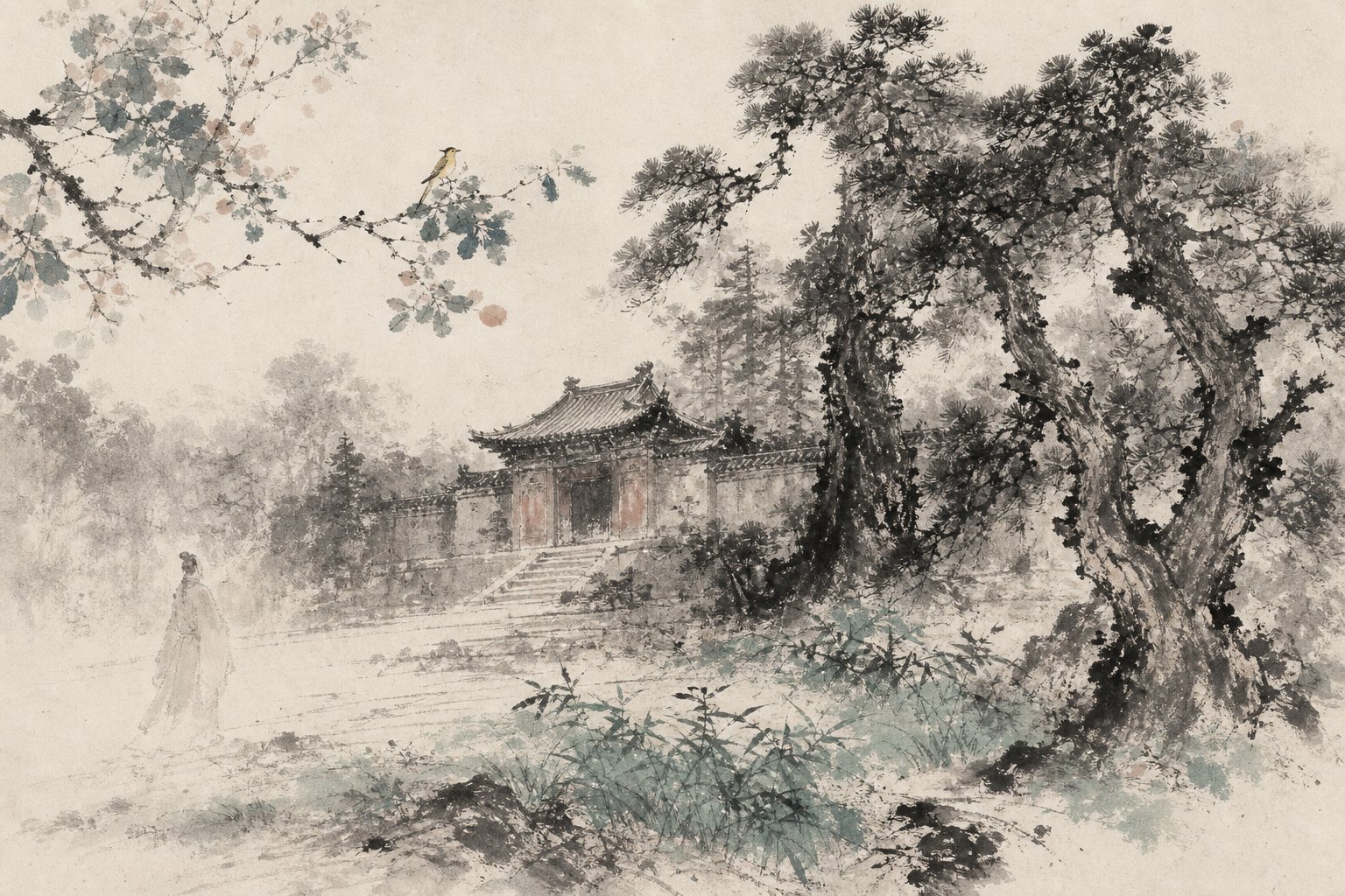《蜀相》水墨写意插图