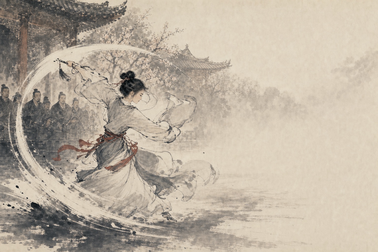 《观公孙大娘弟子舞剑器行》水墨写意插图：剑器舞动如风雷，衣袂与剑光在庭院中划出盛唐余响。