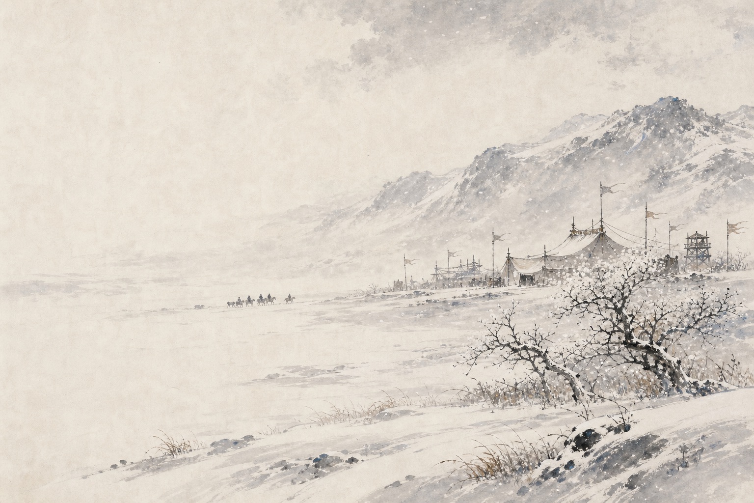《白雪歌送武判官归京》水墨写意插图：胡天飞雪，辕门红旗，天山路上马迹渐远。